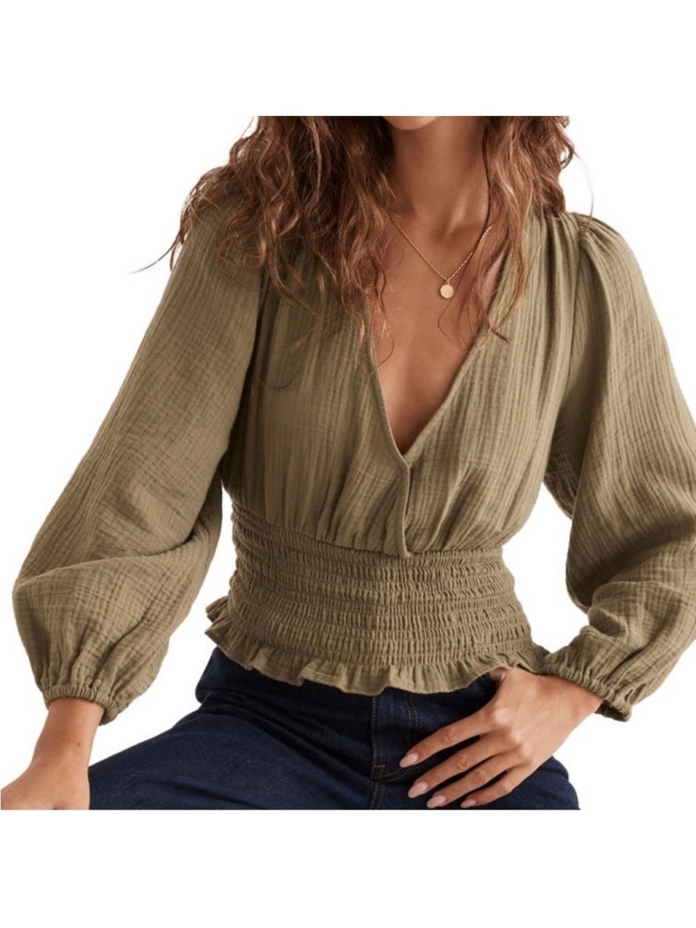 Madewell Olive Wrap Smocked Waist Blouse